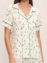 Eberjey Gisele short sleeve pajama top Ski Chalet Ivory/Pine alpine skier NEW Photo 0