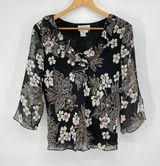 Adrianna Papell Vintage Floral‎ Silk Black Blouse Ruffle Neck 3/4 Sleeve Size 14 Whimsigoth Y2K Photo 0