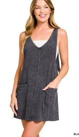 Zenana NEW Washed Slub Overall Mini Dress Black S M L Photo 0