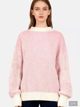 Aerie Beyond Chenille Pink & Cream White Sweater Ribbed Oversized Medium Photo 0