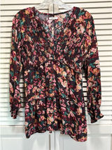 Maurices Burgundy/Green Floral Long‎ Sleeve Smocked V Neck Ruffle Blouse Size M Photo 0