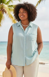 Chicos Light Blue Striped Sleeveless Linen Button Up Shirt Top US Size‎ 4 Photo 0