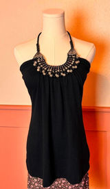 y2k boho chic beaded halter going out top wildcat sz medium cotton black Photo 0