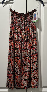 Carnival Fashion Womens Strapless Smocked Midi Dress Orange Black Floral Large Photo 0