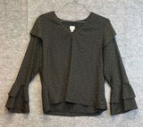 A NEW DAY Blouse Women's Large Black Gold Geometric V Neck Long Ruffle Sleeves Photo 0