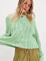 NWT Free People Frankie Cable Knit Cotton Sweater Patina Green Lime LARGE Photo 0