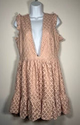 Showpo Peach Eyelet Lace Deep V-Neck Open Back Ruffle Mini Dress Size US 8 Photo 0