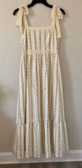 Cream Floral Cotton Maxi Dress Lace Tie Cottagecore Tiered Ruffle M Photo 0