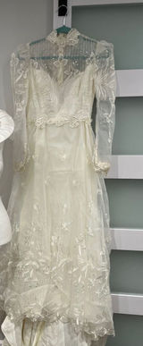Vintage 80s‎ Victorian Revival Wedding Dress Ivory High Neck Sheer Lace Illusion Photo 0