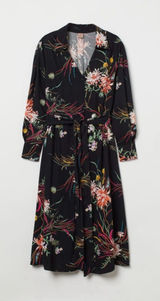 H&M Black Floral Tie Belt Waist Colorful Work Dress Size XS Photo 0