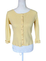 Women's yellow ribbed knit 3/4 sleeve button down top cuffed sleeves size M Photo 0