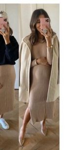 WAYF Dede x Emily Hollie Sweater Dress S BFFC Ribbed Knit Midi maternity tan Photo 0