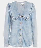 Ganni Peter Pan Collared Ruffle Denim Shirt Indigo Blue 34/XS Photo 0