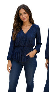White House Black Market Navy Blue Metallic‎ Pleated Smocked Peplum Blouse Small Photo 0