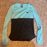 PINK Victoria's Secret Two-Tone Athletic Long Sleeve Top‎ Thumb Holes Mint Black Photo 0