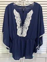 Heart Soul Navy Chiffon Crochet Hem Butterfly Sleeve Blouse Size L Lace Elastic Photo 0