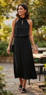 The Limited Black Keyhole High Neck‎ Midi Dress L Halter Style LBD Cocktail Photo 0