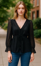 Torrid Black Sheer Long Sleeve Blouse V Neck‎ Peplum Tassel Tie Plus Size Photo 0