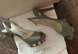 Jimmy Choo Vertigo Patent Leather Slingback Peep-Toe Pumps Pebble Palladium Photo 0