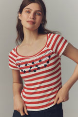 Anthropologie Maeve Embroidered Flowers Scoop Neck Tee XS NWT Photo 0