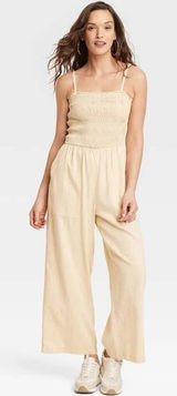 Universal Thread Women's XS Smocked Linen Maxi Jumpsuit Beige‎ Boho Lagenlook Photo 0