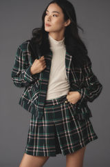Maeve Anthropologie Plaid Faux Fur Collar Cropped‎ Jacket Green L NWT Photo 0