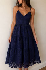Crown & Ivy Navy Eyelet Midi Dress Sewing Down South Size 4 Preppy Coastal Photo 0