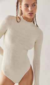 Free People Mara Mock Neck Bodysuit Size Medium M/L Cream Textured Photo 0