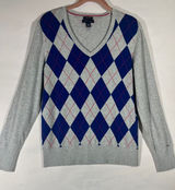Tommy Hilfiger Argyle V-Neck Sweater Women L Grey Blue 100% Pima Cotton Golf Photo 0