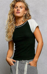 POL Round Neck Outseam Detail T-Shirt‎ with Contrast Color Sleeves Photo 0