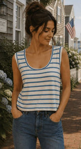 Veronica Beard Arion Linen Muscle Tank Blue Stripe S Coastal Preppy Nautical Photo 0