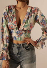 By Anthropologie Boho Tie Back Floral Ruffle Long Sleeve Crop Top Women's Small Photo 0