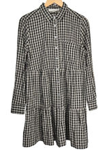 LOFT Womens Black Cream Plaid Tiered Shirt Dress Size M Long Sleeve Gingham Photo 0