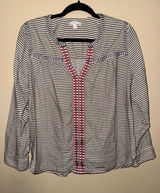 J.Crew Striped Embroidered Split Neck Blouse Navy White Red Womens 10 Nautical Photo 0