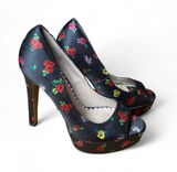 Betsey Johnson Kenedy Satin Floral Platform Peep Toe Pumps Black Rose Heels 6.5M Photo 0