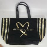 Victoria's Secret Heart Logo Black Gold Sparkle Canvas Tote Bag. Photo 0