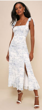Lulus Summer Invite White and Blue Toile Tie-Strap Tiered Midi Dress Size Large Photo 0