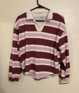 Old Navy Active Rugby Polo Shirt XL Pink Burgundy Striped Long Sleeve Photo 0