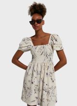 H&M Floral Smocked Puff Sleeve Mini Dress Cream XS Photo 0