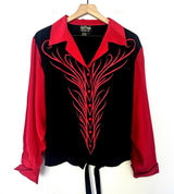 Vintage Bob Mackie 100% Silk Blouse Black Red Western Embroidered Flames 90s L Photo 0