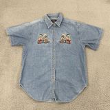 Vintage Embroidered Bear Denim Shirt Women M Blue Let's Quizz Again‎ Grandma Photo 0