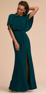 BHLDN Lena‎ Dress Size 4 Teal Flutter Sleeve Side Slit Maxi Wedding Bridesmaid Photo 0