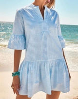 Addison Bay Blue White Striped Tiered Mini Sun Shirt Dress Cotton Poplin Medium Photo 0
