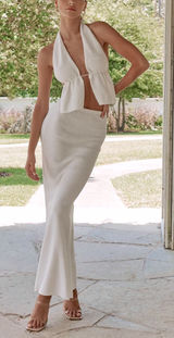 COMMENSE White Knit Halter Top Midi Maxi Skirt Matching Set Coord Small Photo 0
