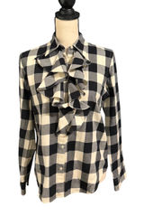 Lauren Ralph Lauren Womens Black Cream Buffalo Plaid Ruffle Button Down Top Sz M Photo 0