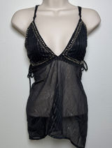 Women y2k Fairy Grunge Babydoll Top Medium Black Metallic Sheer Studded indie Photo 0