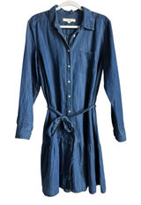 LOFT Chambray Flounce Shirt Dress Tie Waist Long Sleeve Blue Women Large Coastal Photo 0