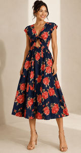 June & Hudson Floral Tie Front‎ Cutout Midi Dress Navy Rose Print Size Large Photo 0