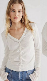 Free People Wear Me Out Thermal Mesh Lace Cuff Sleeve Top Medium Cottagecore‎ Photo 0