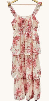 Altar'd State Floral Tiered Midi Dress Women's L Ivory Red Ruffle NWT Photo 0